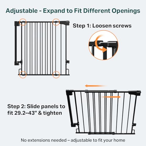Cumbor 29.2-43 No Bottom Bar Baby & Dog Gate for Stairs & Doorways | 2-in-1 Auto Close Gates Indoor, Hardware Mounted Pet Gate with Large Walk Thru Door, Child-Proof Safety Gate for Kids (Black)